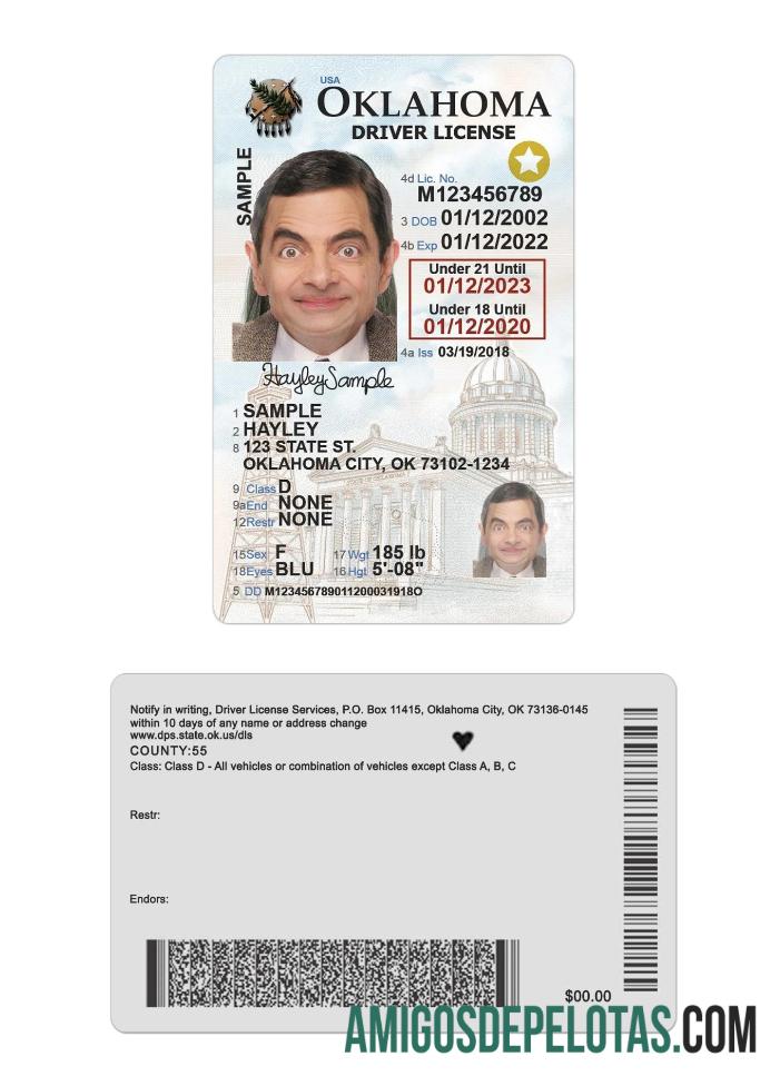 Carta de condução para menores de 21 anos nos EUA Oklahoma 2020 presente exemplo real